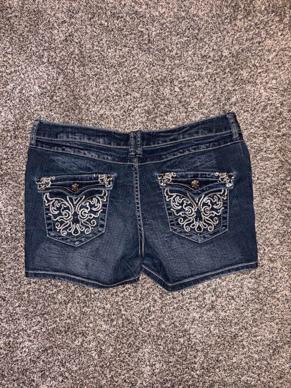 Y2K Low rise Jean Shorts with bedazzled pockets and a grunge embroidered design
